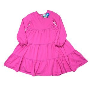 Hanna Andersson Girls Sz 8 Tiered Pink Long Sleeve Dress Crochet Flower Accent